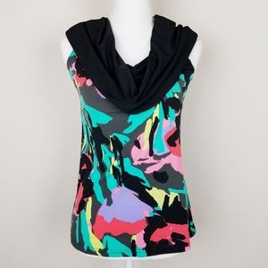 Sleeveless Black Cowl Neck Top with Multicolor Abstract Print